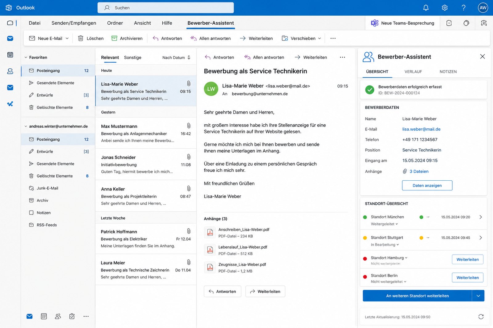 Outlook mit integriertem Bewerber-Assistenten: automatisch erfasste Bewerberdaten und standortübergreifendes Ampelsystem