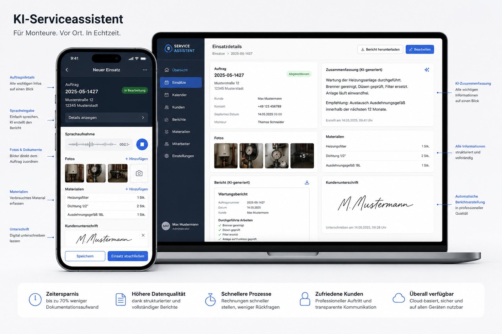 KI-Serviceassistent auf Smartphone und Laptop: Spracheingabe, Fotos, Materialien und KI-generierter Wartungsbericht